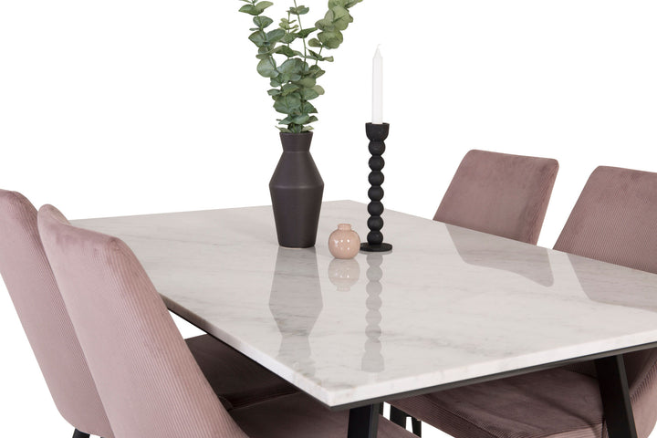 Venture Home Estelle Dining Table 140*90 - White Marble / Black Legs +Leone Dining Chair - Black Legs / Dusty PinkCorduroy _4