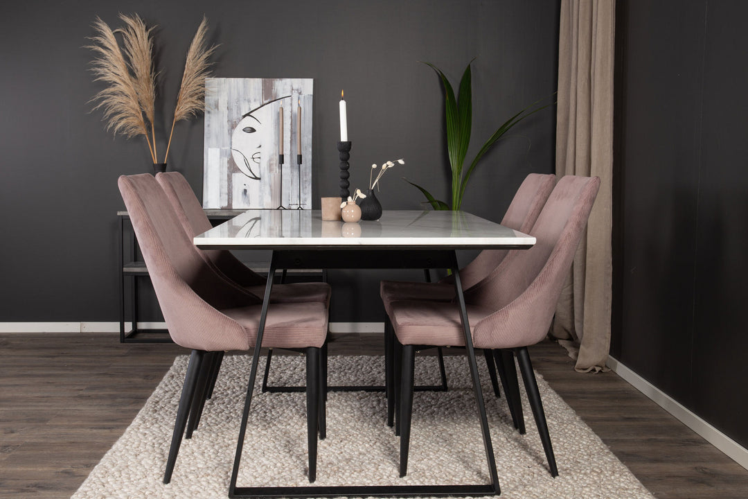 Venture Home Estelle Dining Table 140*90 - White Marble / Black Legs +Leone Dining Chair - Black Legs / Dusty PinkCorduroy _4