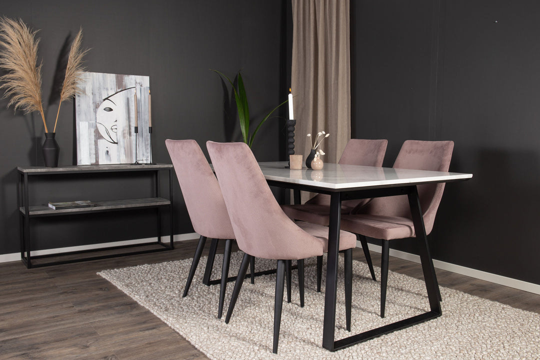 Venture Home Estelle Dining Table 140*90 - White Marble / Black Legs +Leone Dining Chair - Black Legs / Dusty PinkCorduroy _4