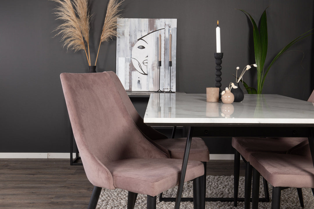 Venture Home Estelle Dining Table 140*90 - White Marble / Black Legs +Leone Dining Chair - Black Legs / Dusty PinkCorduroy _4