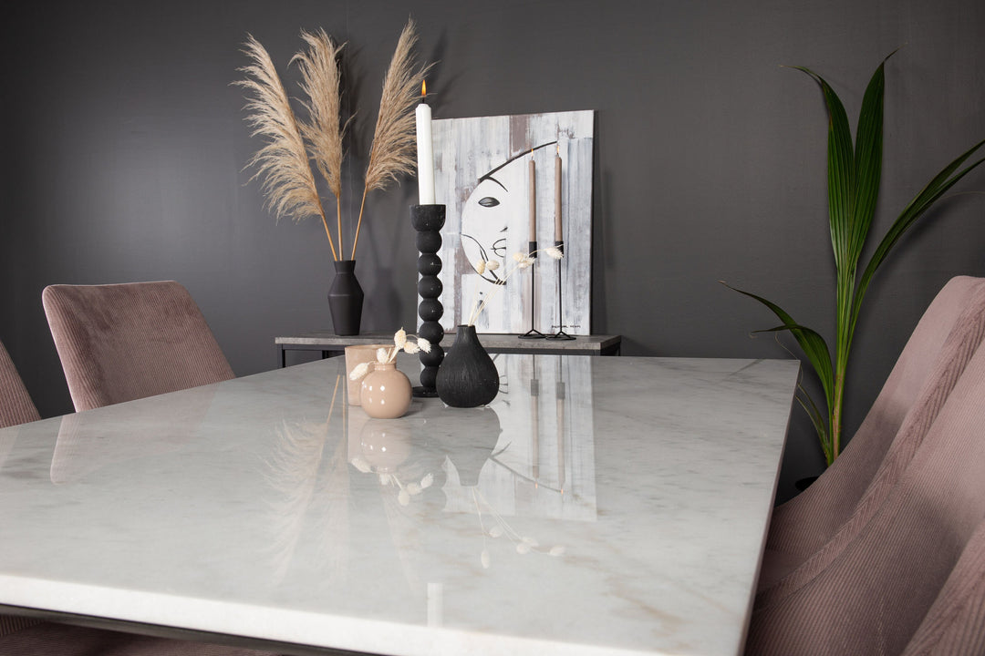 Venture Home Estelle Dining Table 140*90 - White Marble / Black Legs +Leone Dining Chair - Black Legs / Dusty PinkCorduroy _4