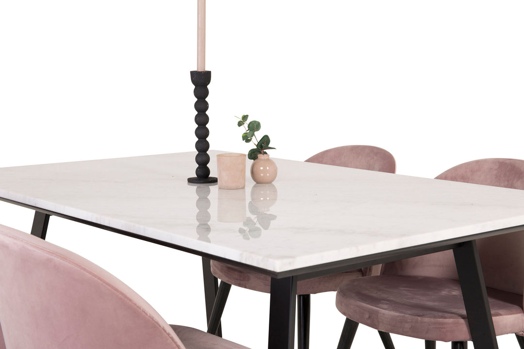 Venture Home Estelle Dining Table 140*90 - White Marble / Black Legs - Velvet Dining Chair - Pink / Black 4
