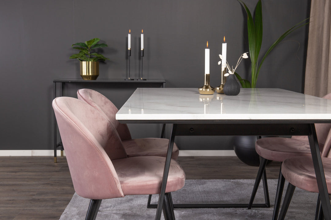 Venture Home Estelle Dining Table 140*90 - White Marble / Black Legs - Velvet Dining Chair - Pink / Black 4