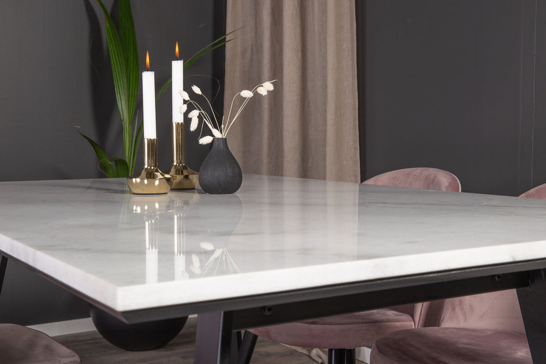 Venture Home Estelle Dining Table 140*90 - White Marble / Black Legs - Velvet Dining Chair - Pink / Black 4
