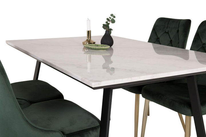 Venture Home Estelle Dining Table 140*90 - White Marble / Black Legs - Velvet Deluxe Chair - Moss Green/Matt brass leg 4