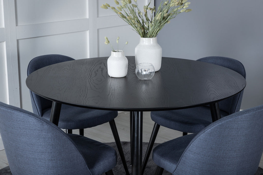 Venture Home Dipp Dining Table - 115cm - Black Veneer / All black legs +Velvet Dining Chiar - Black legs - Blue Fabric_4
