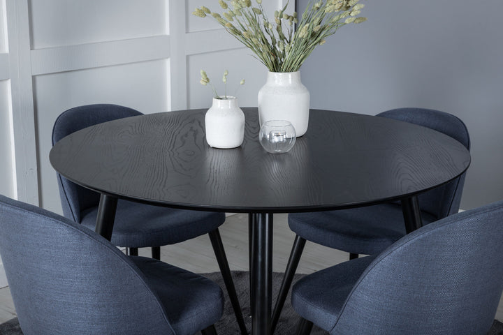 Venture Home Dipp Dining Table - 115cm - Black Veneer / All black legs +Velvet Dining Chiar - Black legs - Blue Fabric_4