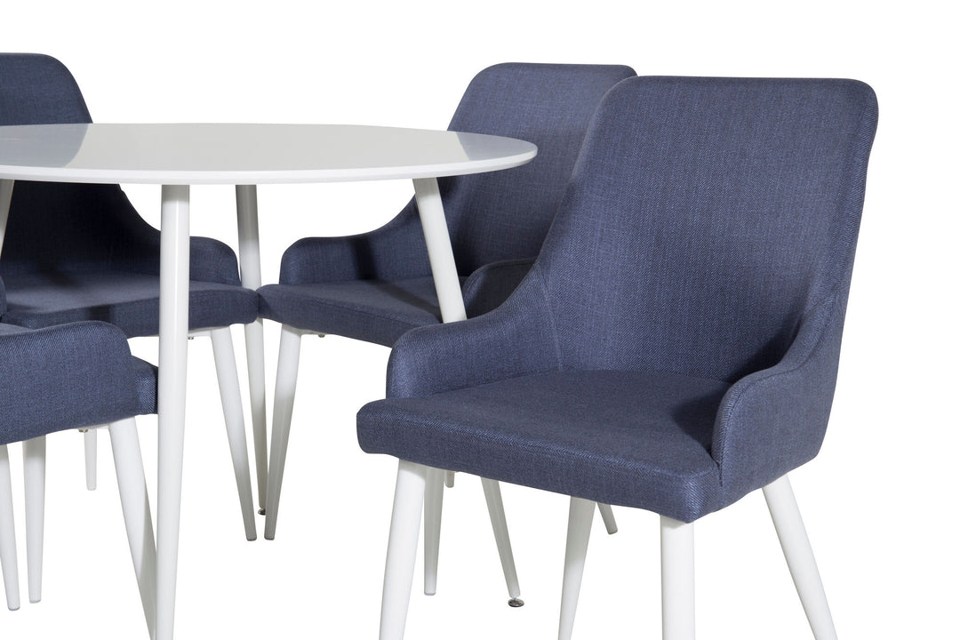Venture Home Plaza Round Table 100 cm - White top / White Legs+Plaza Dining Chair - White Legs - Blue Fabric_4