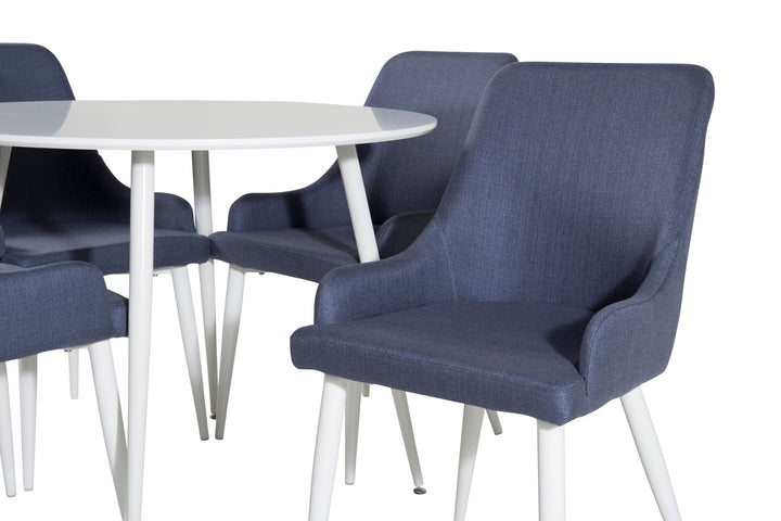 Venture Home Plaza Round Table 100 cm - White top / White Legs+Plaza Dining Chair - White Legs - Blue Fabric_4