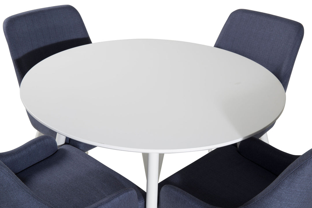 Venture Home Plaza Round Table 100 cm - White top / White Legs+Plaza Dining Chair - White Legs - Blue Fabric_4