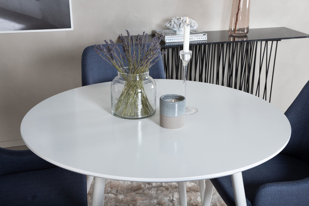 Venture Home Plaza Round Table 100 cm - White top / White Legs+Plaza Dining Chair - White Legs - Blue Fabric_4