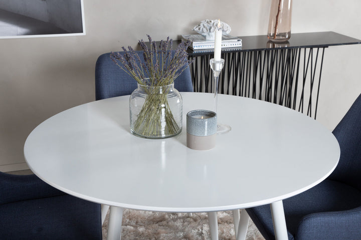 Venture Home Plaza Round Table 100 cm - White top / White Legs+Plaza Dining Chair - White Legs - Blue Fabric_4