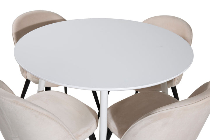 Venture Home Plaza Round Table 100 cm - White top / White Legs+Velvet Dining Chair - Beige / Black_4