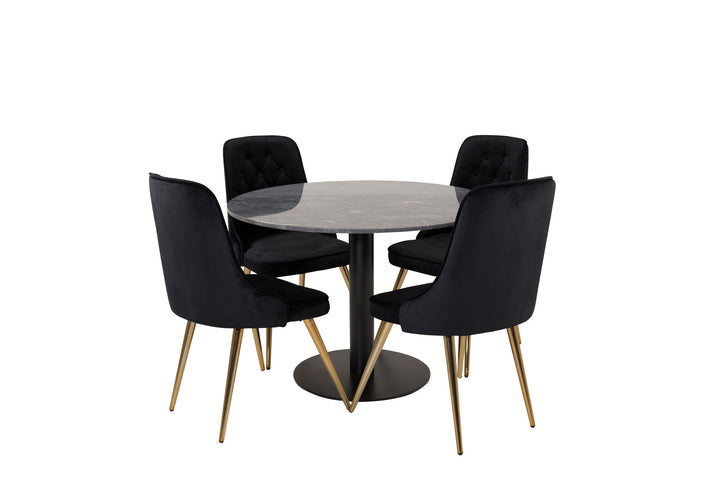 Venture Home Estelle Dining Table round 106cm Grey Marble / Black Legs - Velvet Deluxe Chair - Black/Matt Brass Leg 4
