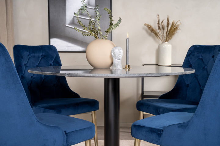 Venture Home Estelle Dining Table round 106cm Grey Marble / Black Legs - Velvet Deluxe Chair - Blue/Matt Brass Leg 4