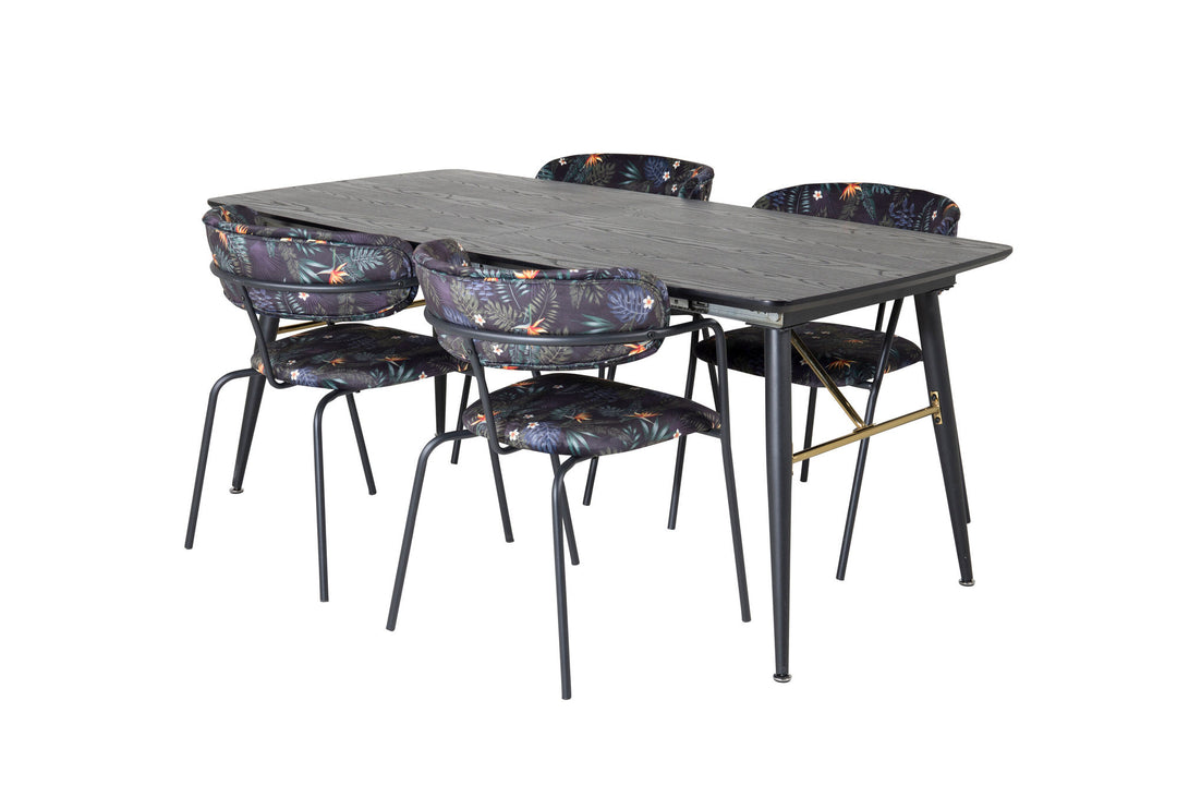 Venture Home Gold Extention table - 180/220*85*H76 Black Veneer - Black legs - Brass details+Arrow armchair - Black Legs - Black Flower printed Fabric_4