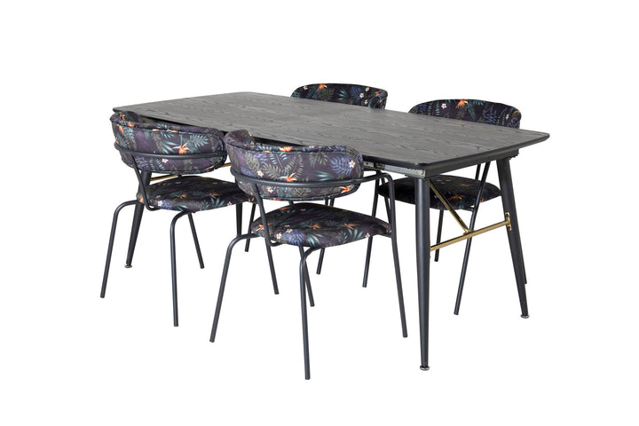 Venture Home Gold Extention table - 180/220*85*H76 Black Veneer - Black legs - Brass details+Arrow armchair - Black Legs - Black Flower printed Fabric_4