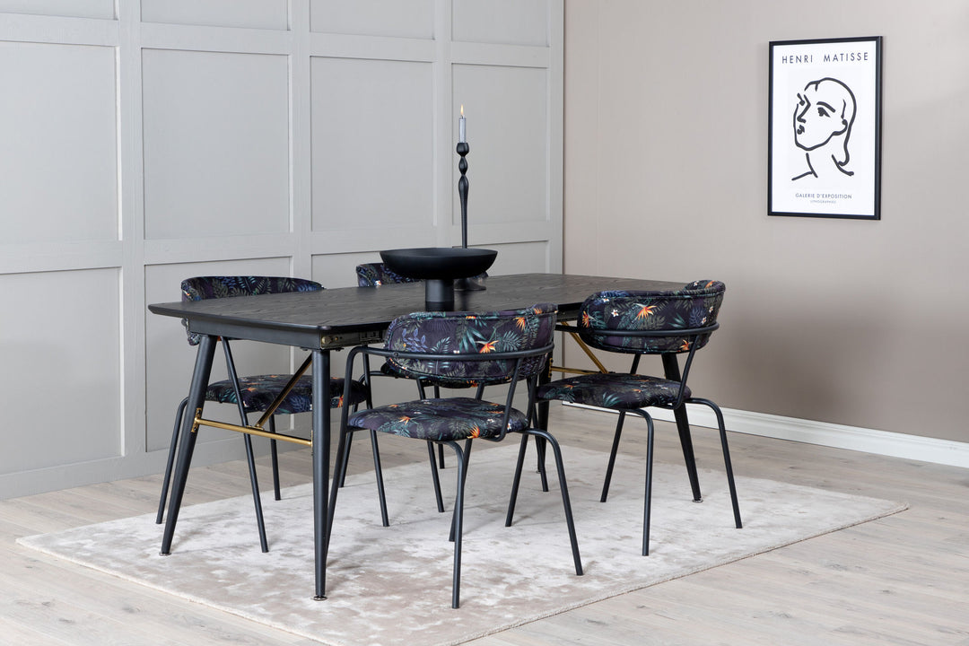 Venture Home Gold Extention table - 180/220*85*H76 Black Veneer - Black legs - Brass details+Arrow armchair - Black Legs - Black Flower printed Fabric_4