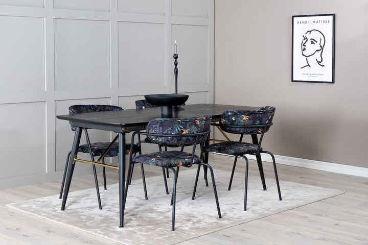 Venture Home Gold Extention table - 180/220*85*H76 Black Veneer - Black legs - Brass details+Arrow armchair - Black Legs - Black Flower printed Fabric_4