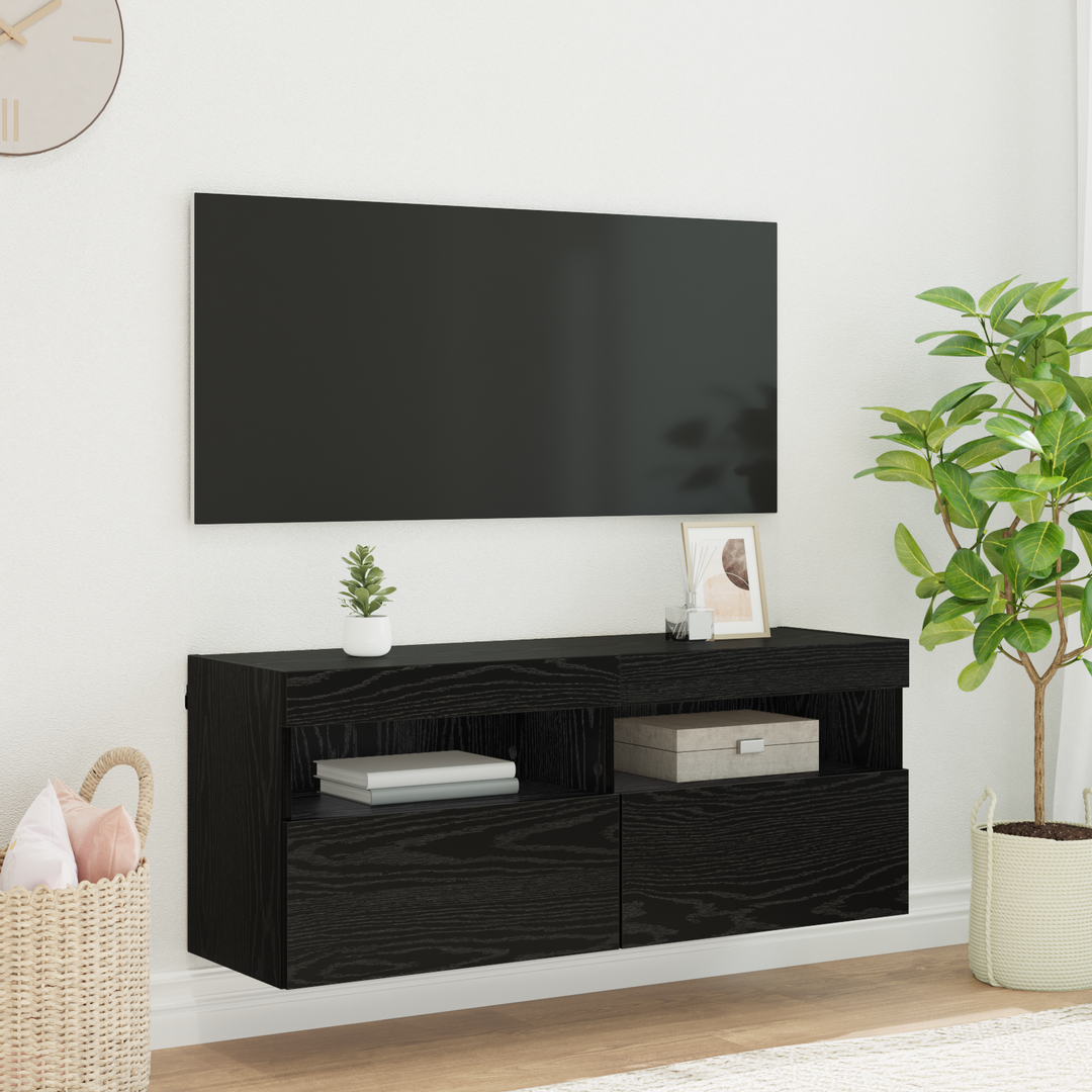 TV vægskab med LED Sort eg 100 x 30 x 40 cm Konstrueret træ
