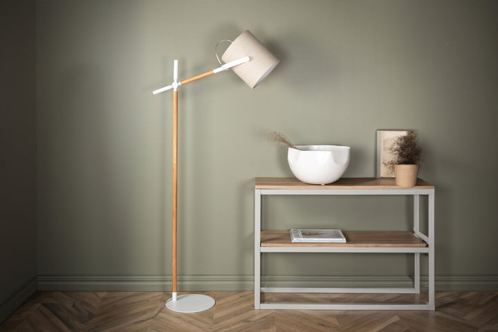 Venture Home Dennis -Floor Lamp - White / Wood/Beige Linen