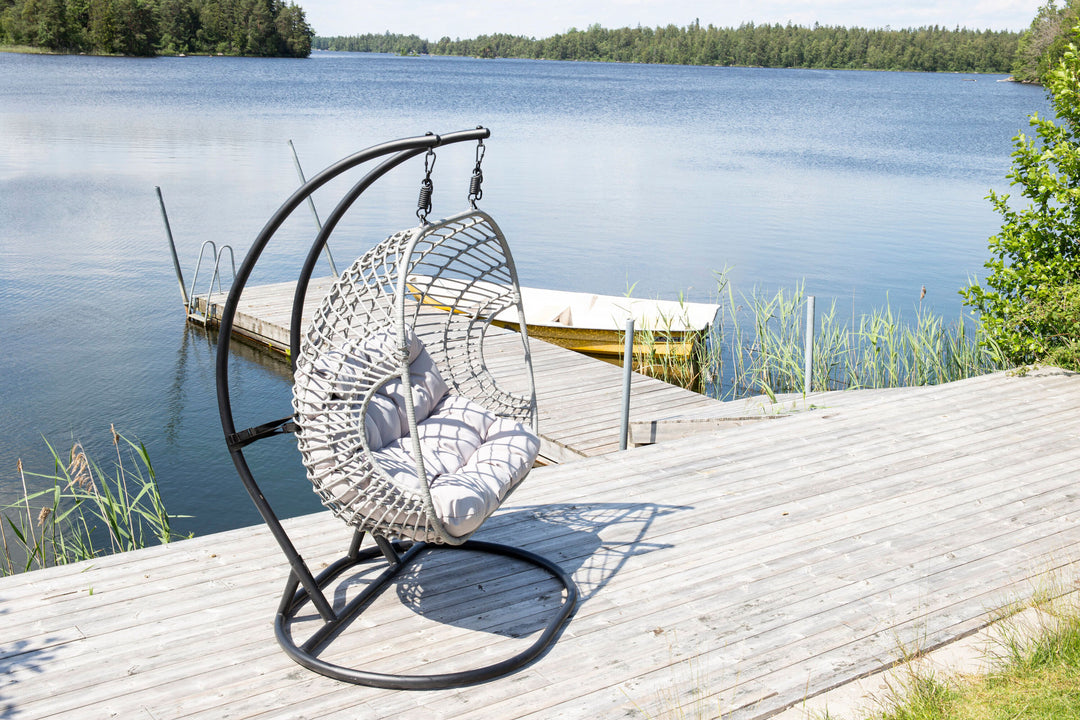Venture Home Viga Double Hanging Chair - Black Frame / Grey Wicker / Grey Cushion