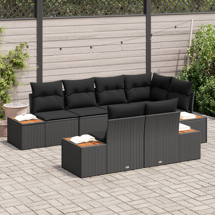 Havesofa Sæt med pude med opbevaring 7 pcs Sort Polyrattan