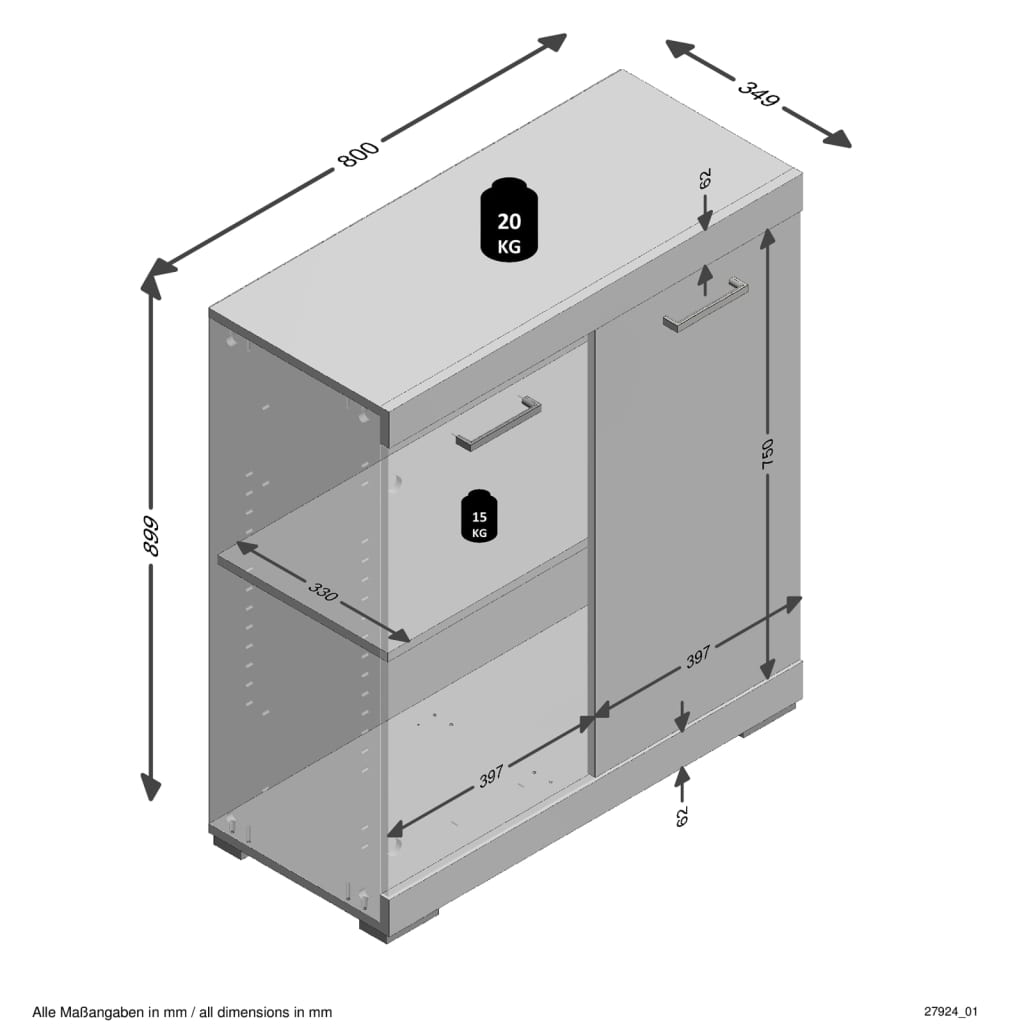 FMD kommode med 2 låger 80x34,9x89,9 cm grå og egetræsfarvet