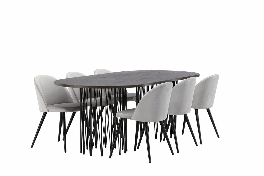Venture Home Stone oval Dining Table - Black / Mocca Veneer +Velvet Dining Chair - Light Grey / Black _6