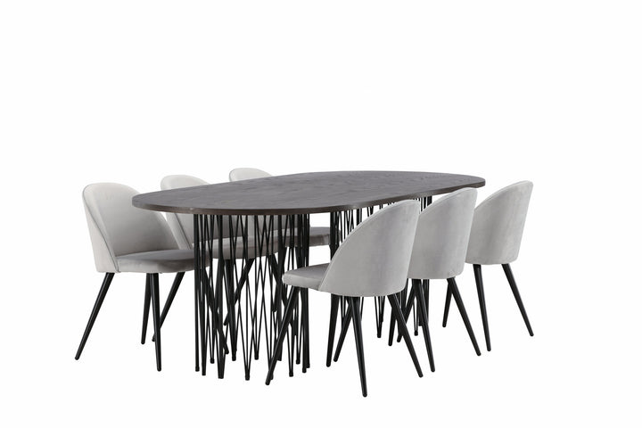 Venture Home Stone oval Dining Table - Black / Mocca Veneer +Velvet Dining Chair - Light Grey / Black _6