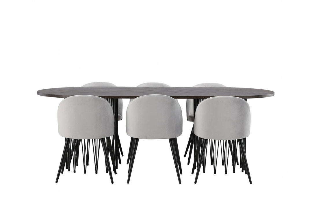 Venture Home Stone oval Dining Table - Black / Mocca Veneer +Velvet Dining Chair - Light Grey / Black _6