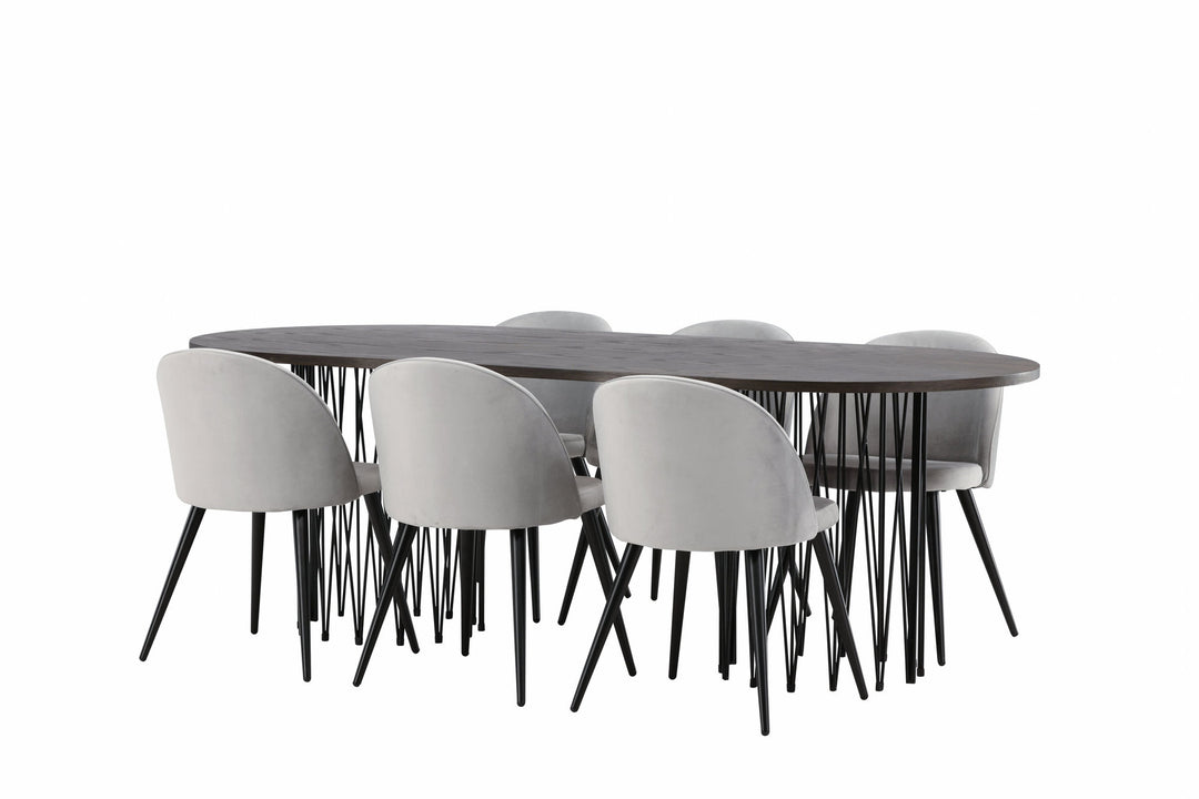 Venture Home Stone oval Dining Table - Black / Mocca Veneer +Velvet Dining Chair - Light Grey / Black _6