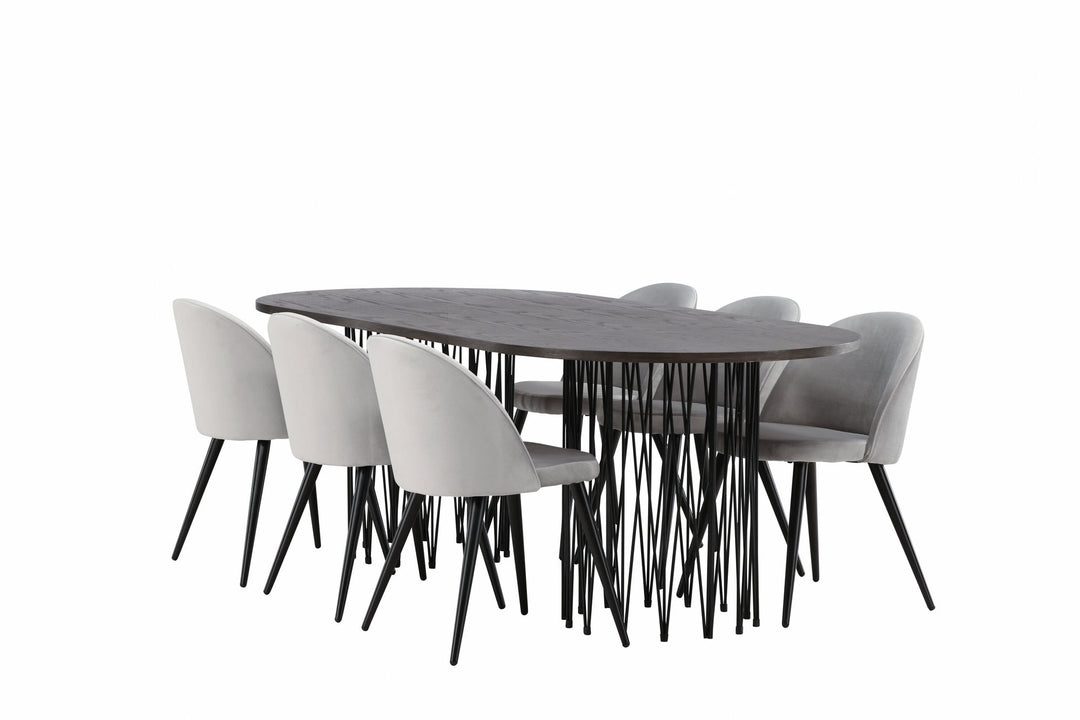 Venture Home Stone oval Dining Table - Black / Mocca Veneer +Velvet Dining Chair - Light Grey / Black _6