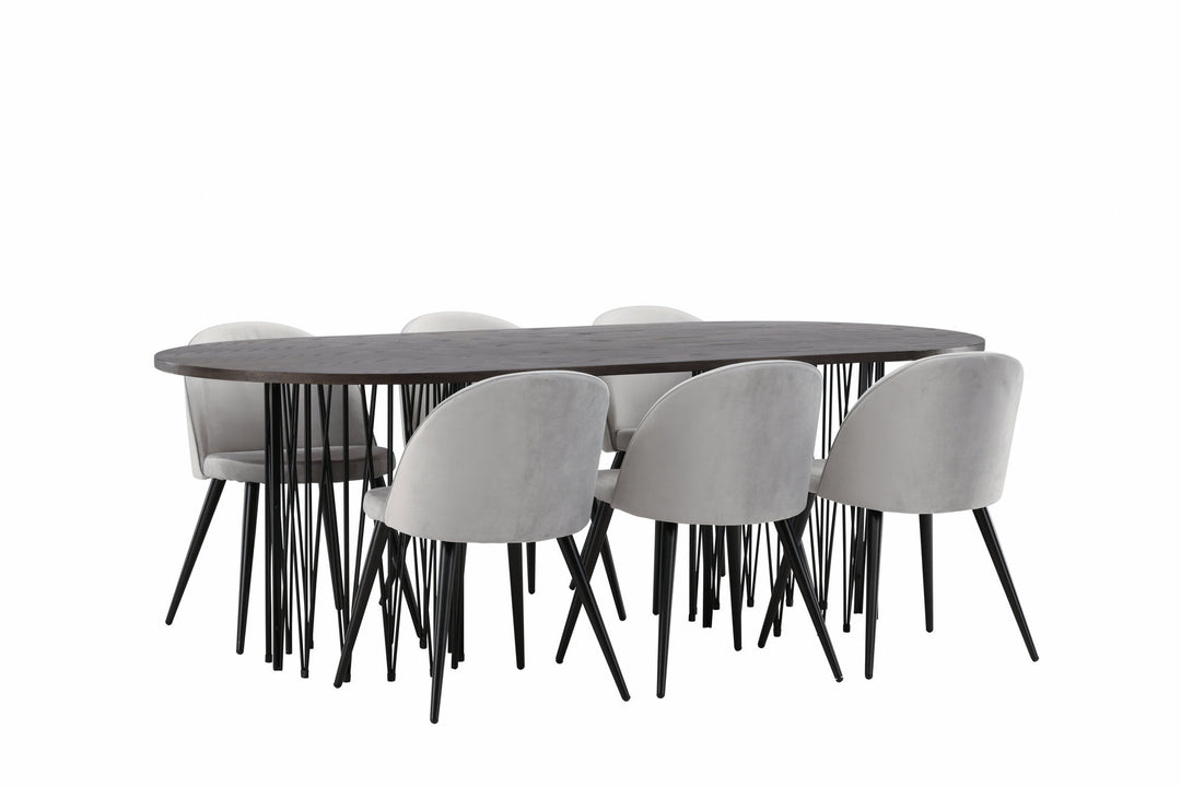 Venture Home Stone oval Dining Table - Black / Mocca Veneer +Velvet Dining Chair - Light Grey / Black _6