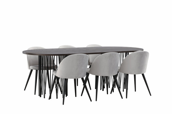 Venture Home Stone oval Dining Table - Black / Mocca Veneer +Velvet Dining Chair - Light Grey / Black _6