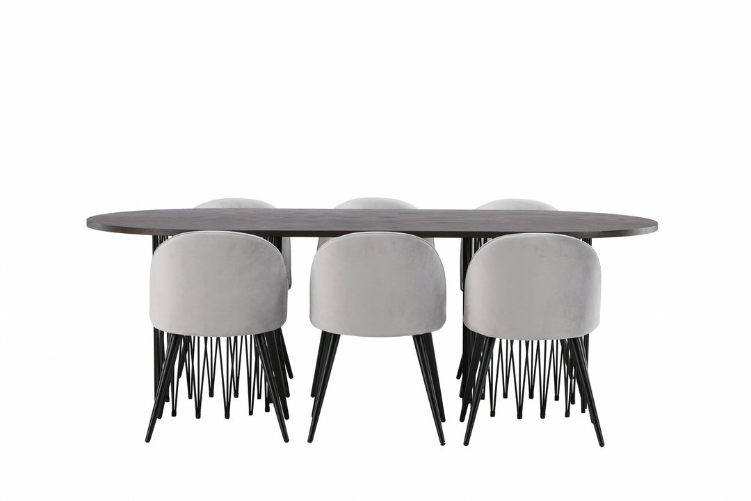 Venture Home Stone oval Dining Table - Black / Mocca Veneer +Velvet Dining Chair - Light Grey / Black _6