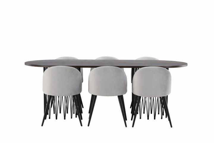 Venture Home Stone oval Dining Table - Black / Mocca Veneer +Velvet Dining Chair - Light Grey / Black _6