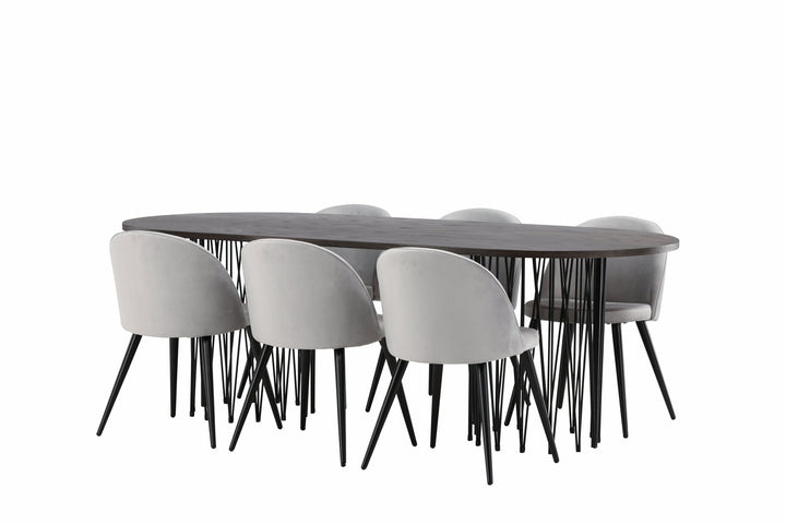 Venture Home Stone oval Dining Table - Black / Mocca Veneer +Velvet Dining Chair - Light Grey / Black _6