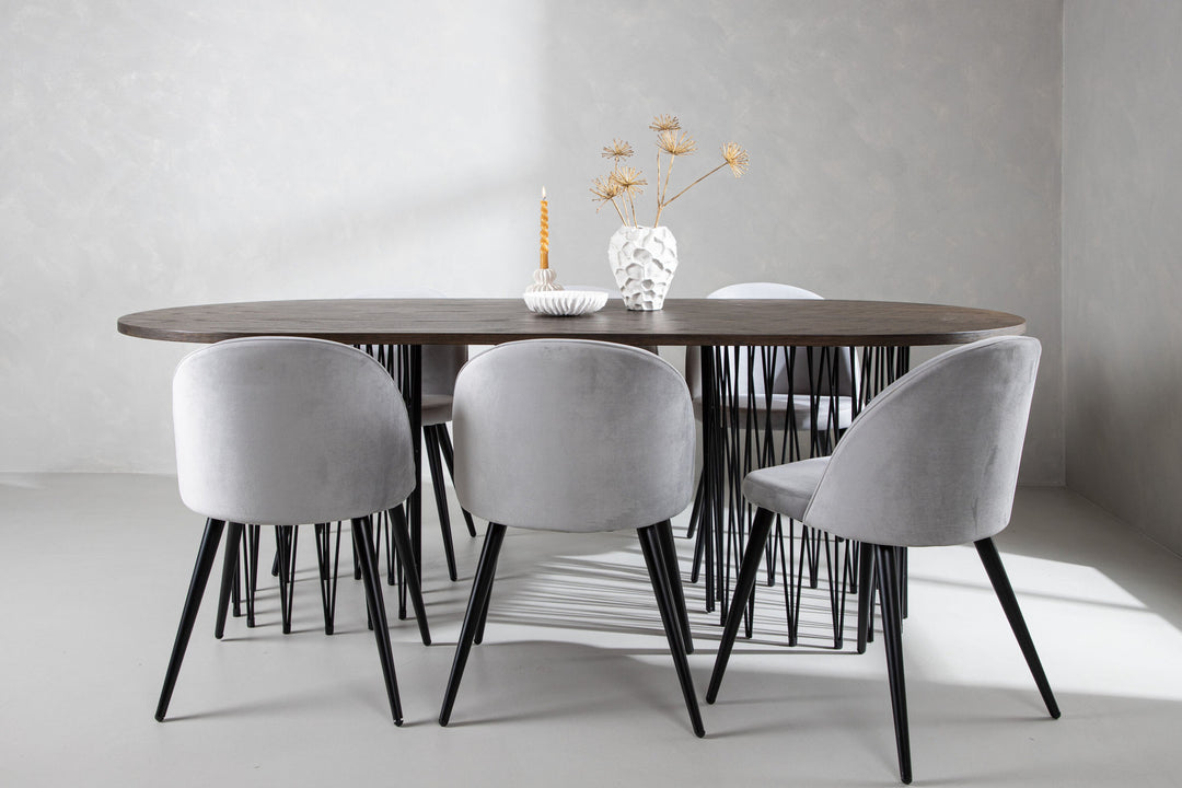 Venture Home Stone oval Dining Table - Black / Mocca Veneer +Velvet Dining Chair - Light Grey / Black _6