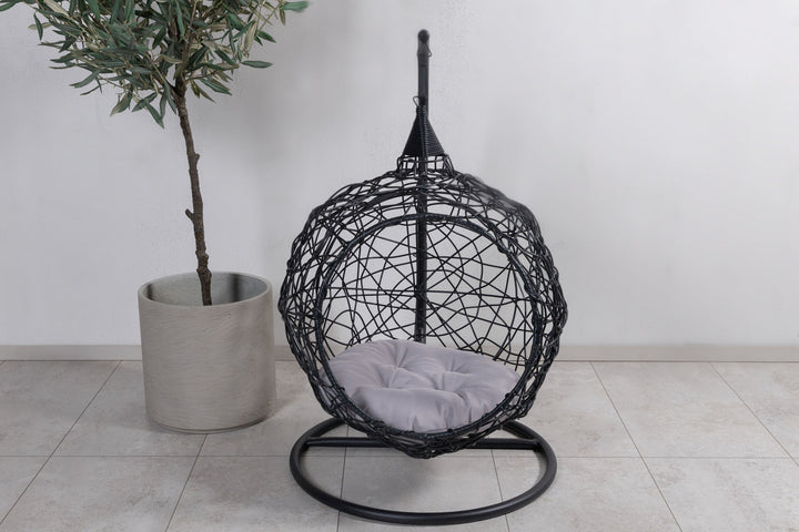 Venture Home Lexi Hanging chair- Black frame/black wicker/grey cushion
