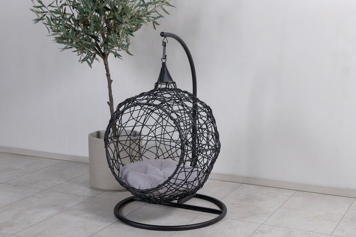 Venture Home Lexi Hanging chair- Black frame/black wicker/grey cushion