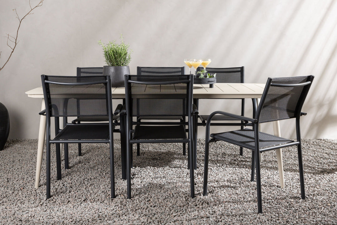 Venture Home Lina Dining Table - Beige - 200*90 _1+ Santorini Arm Chair (Stackable) - Black alu / Black Textilene _6