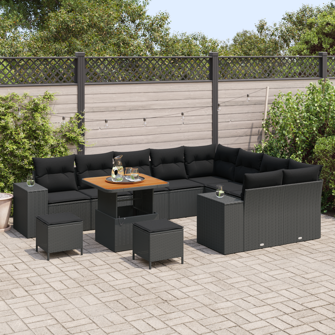 Havesofa Sæt 12 pcs Sort Polyrattan, stål og massivt akacietræ