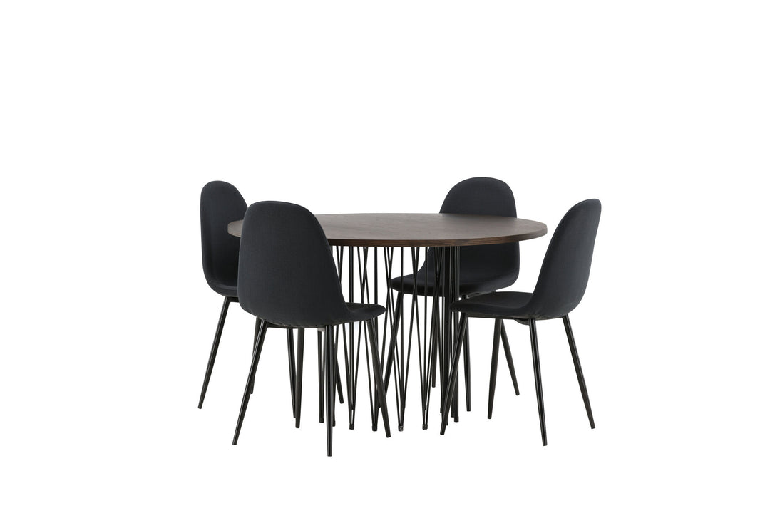 Venture Home Stone round Dining Table - Black / Mocca Veneer +Polar Dining Chair - Black Legs - Black Fabric _4