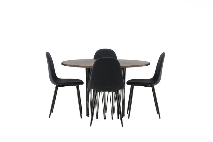 Venture Home Stone round Dining Table - Black / Mocca Veneer +Polar Dining Chair - Black Legs - Black Fabric _4