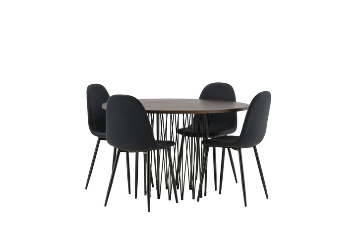 Venture Home Stone round Dining Table - Black / Mocca Veneer +Polar Dining Chair - Black Legs - Black Fabric _4