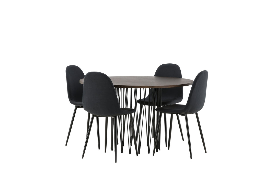 Venture Home Stone round Dining Table - Black / Mocca Veneer +Polar Dining Chair - Black Legs - Black Fabric _4