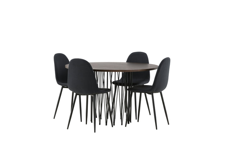 Venture Home Stone round Dining Table - Black / Mocca Veneer +Polar Dining Chair - Black Legs - Black Fabric _4