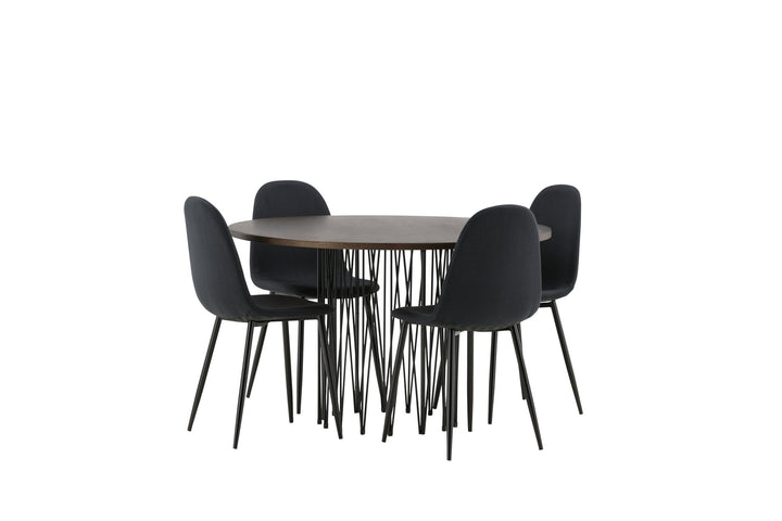 Venture Home Stone round Dining Table - Black / Mocca Veneer +Polar Dining Chair - Black Legs - Black Fabric _4