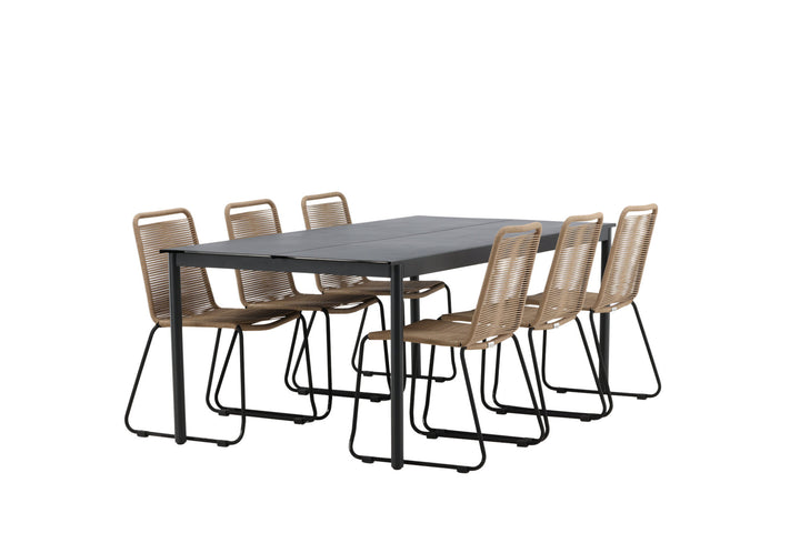 Venture Home Modena - Dining Table- Black - Aluminium - 200*100cm _1+ Lindos Stacking Chair - Black Alu / Latte Rope _6